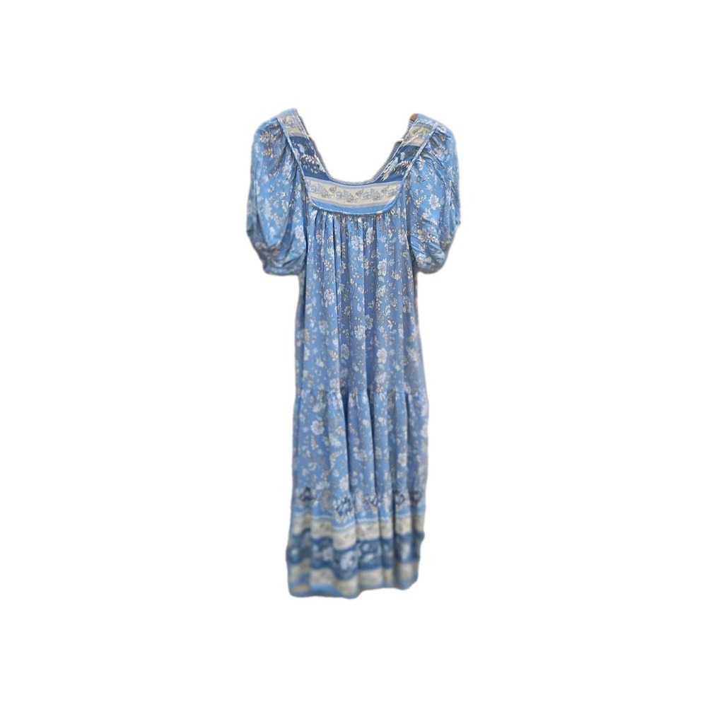 Salty Bright Estelle Puff Sleeve Floral Midi Dress Sz6 Cottage Core Prairie Blue